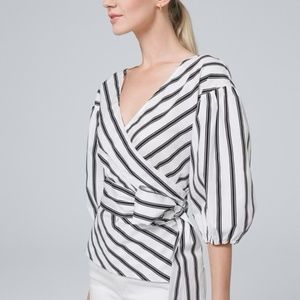 White House Black Market  Striped ¾ Sleeve Poplin Wrap Blouse Size: XS
